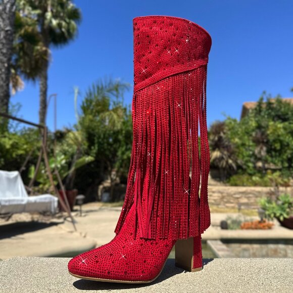 New Red Rhinestone Crystal Fringe Western Cowboy/Cowgirl Boot Knee High Heel Zip - Picture 3 of 7